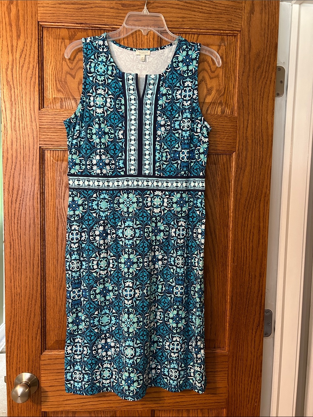 Talbots Teal & Navy Sleeveless Patterned Midi Dress